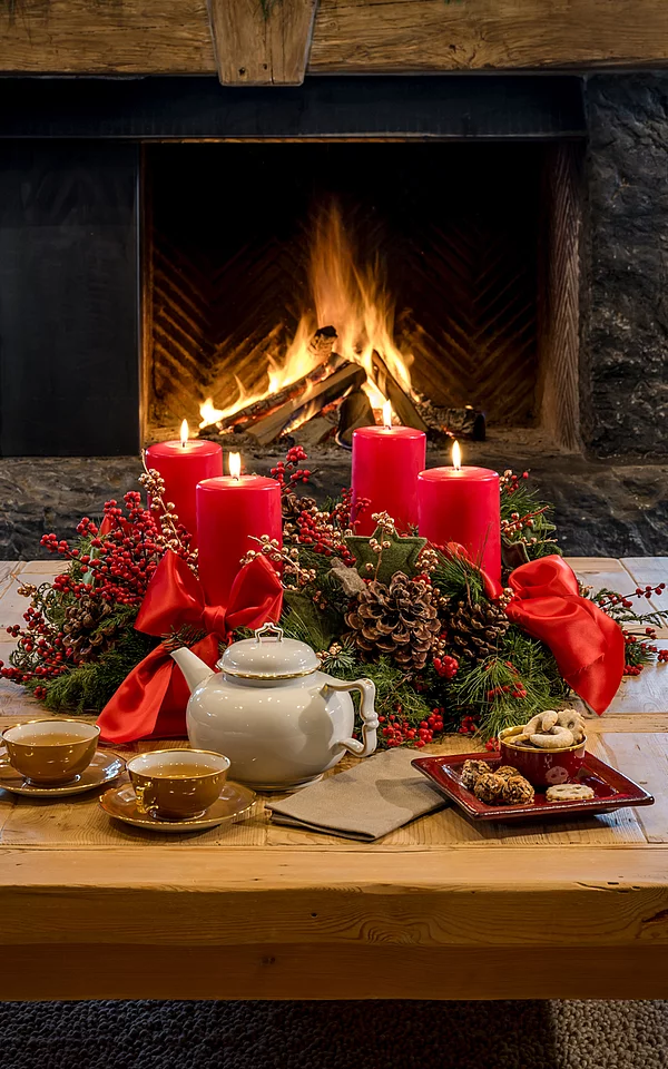 Weihnachtliche Deko auf einem Holztisch vor einem Kamin in der Schmiedalm - dem Chalet in Saalbach Hinterglemm